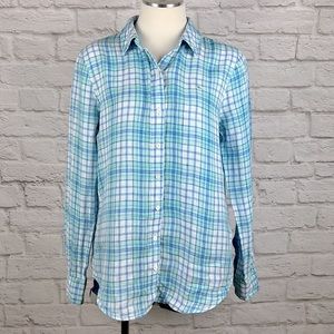 Vineyard Vines blue green plaid linen shirt size 4